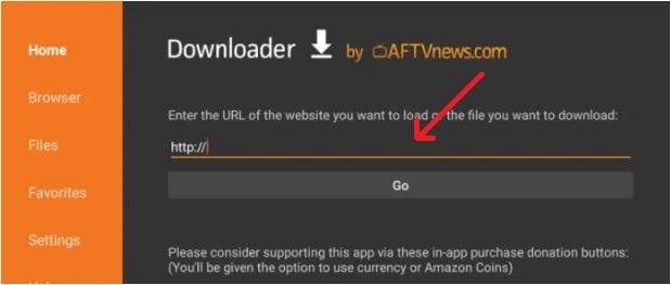 At first, go to the Downloader app and in the URL box