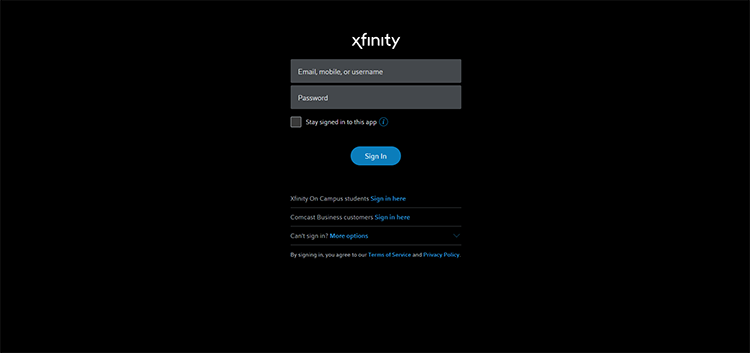 Enter your username and password for Xfinity